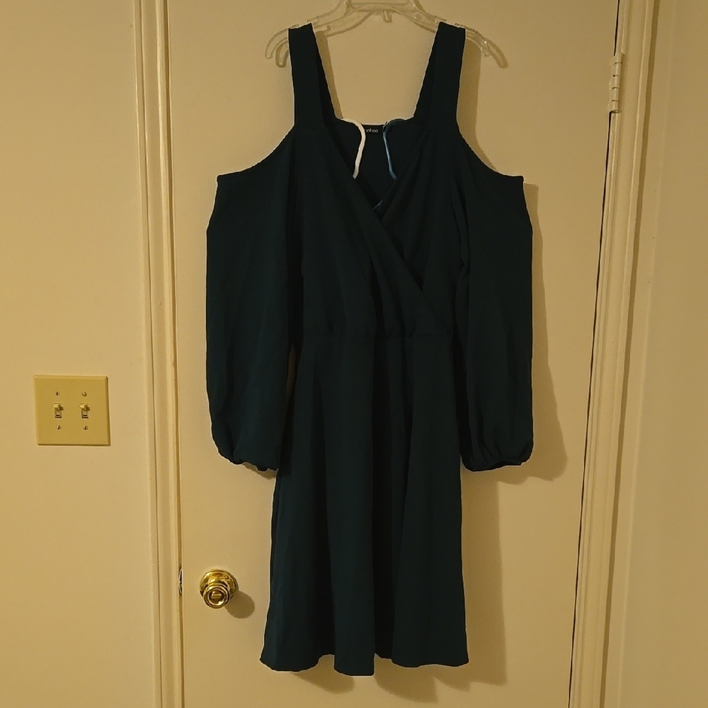 Elegant Cold Shoulder Dress in Dark Teal Blue